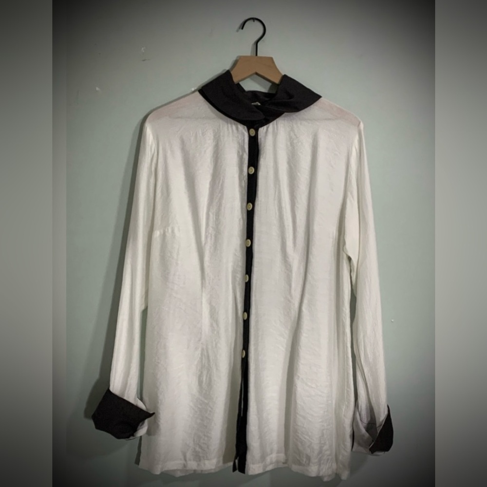 Neesh by D.A.R. Sheer Button Down Long Sleeve Large White Gray Blouse Soft